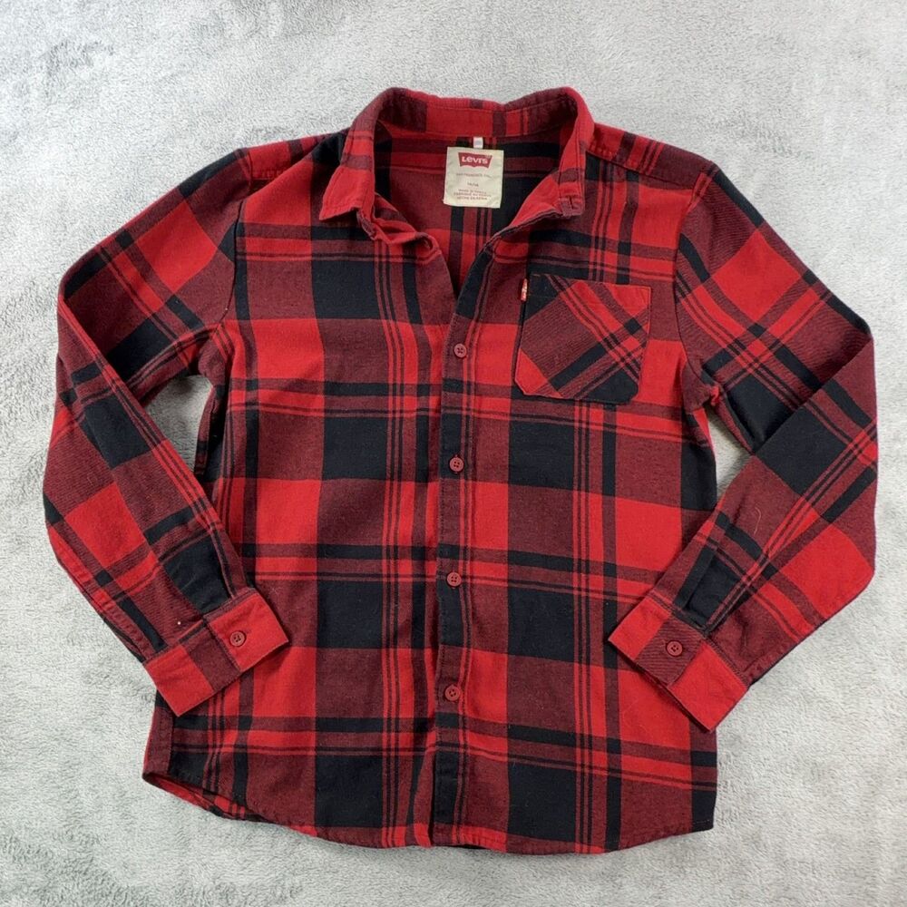 Levi's Red Plaid Flannel Shirt Long Sleeve Button Down Youth 14/16 Cotton